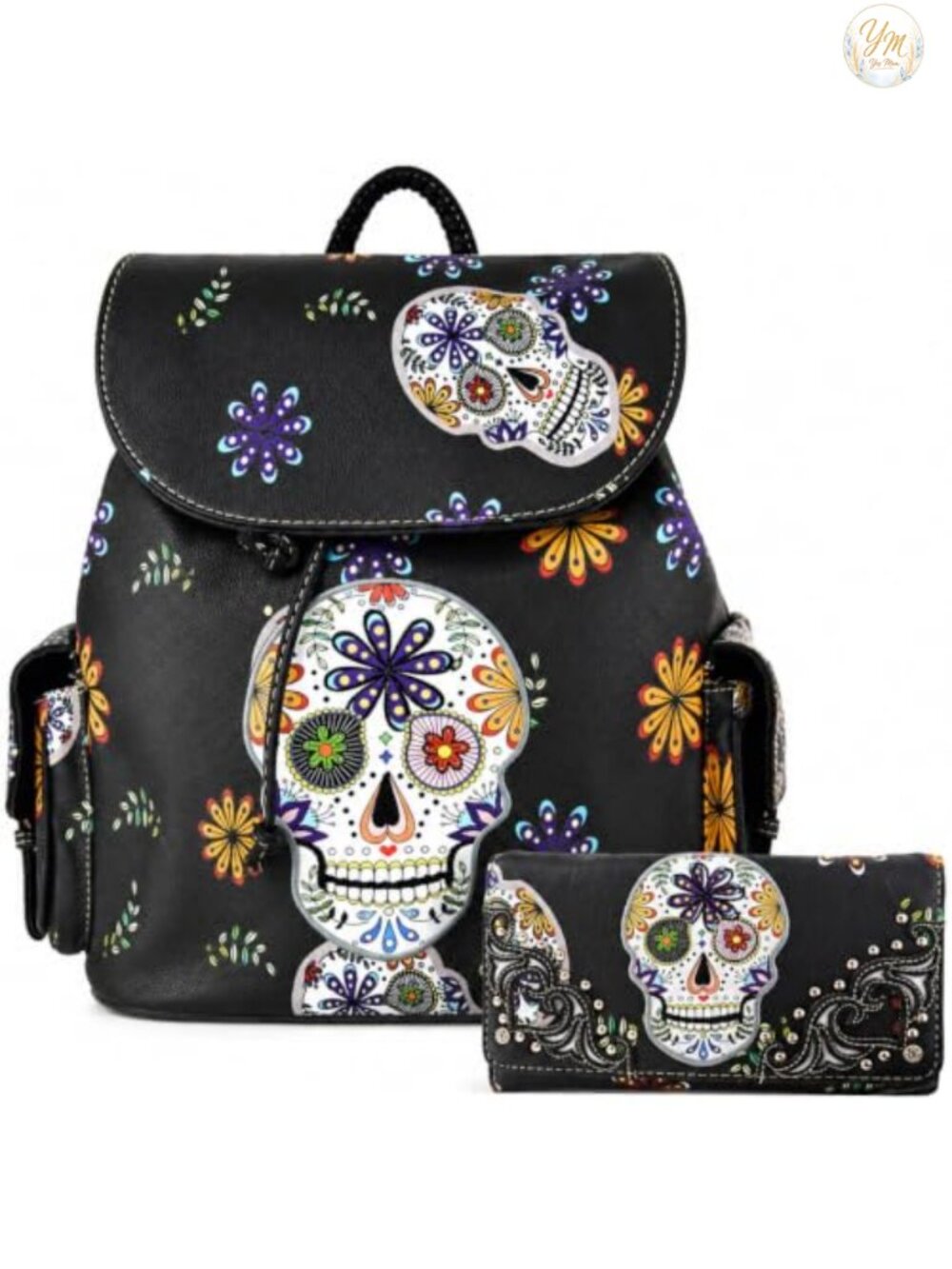 Faux Leather Gothic Skull Backpack Purse & Wallet Set Bucket Bag